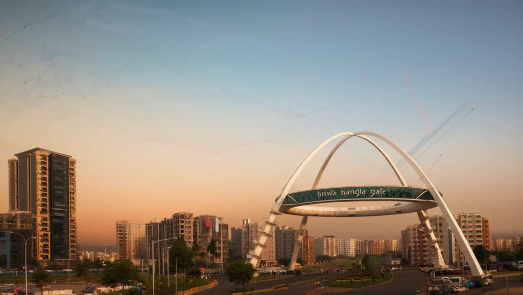 Biswa Bangla Gate and modern business district in New Town Kolkata, emerging startup and IT hub.