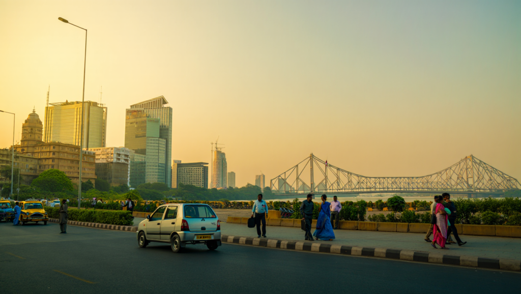 Kolkata city skyline with Howrah Bridge and modern commercial buildings, showcasing emerging business areas in Kolkata expected to grow fast by 2026.