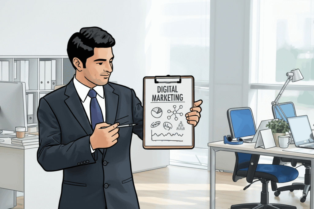 Professional male marketer in an office holding a clipboard with a digital marketing strategy diagram.