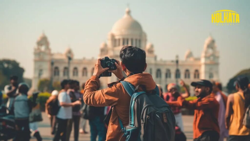 Tourists taking photos at Victoria Memorial in Kolkata representing tourism-driven business opportunities