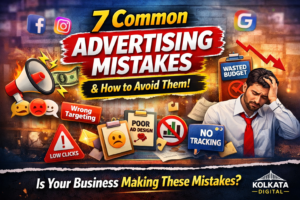 Banner showing 7 common advertising mistakes businesses make such as wrong targeting, poor ad design, wasted budget, and no tracking.