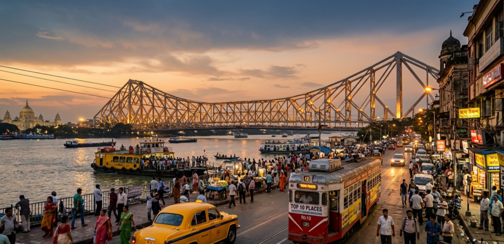 A bustling sunset scene in Kolkata featuring the illuminated Howrah Bridge over the Hooghly River, with a vintage red tram and an iconic yellow taxi moving through a crowded street, perfectly capturing the city's historic and vibrant energy.