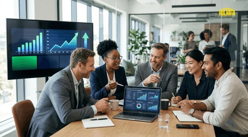 business team analyzing marketing data and discussing business growth strategies in a modern office