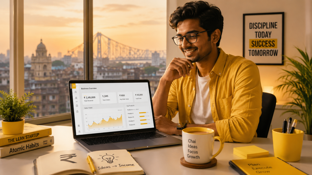 Young entrepreneur working on low investment business ideas in Kolkata 2026