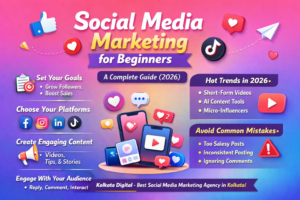 Colorful infographic titled “Social Media Marketing for Beginners – A Complete Guide (2026)” featuring icons of popular social media platforms and smartphones. The design highlights key steps such as setting goals, choosing platforms like Facebook, Instagram, LinkedIn, and TikTok, creating engaging content, and engaging with your audience. It also includes sections on hot trends in 2026 like short-form videos, AI content tools, and micro-influencers, along with common mistakes to avoid such as overly salesy posts and inconsistent posting. The bottom banner promotes Kolkata Digital as a leading social media marketing agency in Kolkata. 🚀