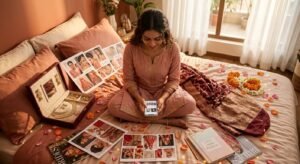 Bride searching for makeup artists online in India while getting ready