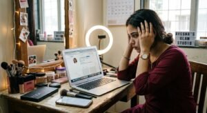 Makeup artist struggling to get clients online while working on laptop in India