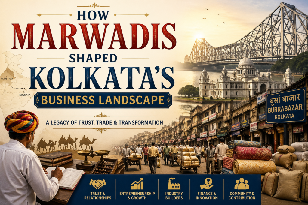 Illustration of Kolkata featuring Howrah Bridge, Victoria Memorial, and Burrabazar highlighting Marwadi business legacy and trade culture