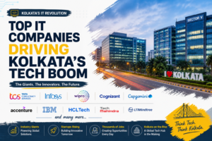 Modern banner showing Kolkata’s IT hub in Salt Lake Sector V at dusk, featuring illuminated office buildings, fast-moving traffic trails, and bold text ‘Top IT Companies Driving Kolkata’s Tech Boom’ with logos of major IT companies like TCS, Infosys, Wipro, Cognizant, Accenture, Capgemini, IBM, HCLTech, and Tech Mahindra.