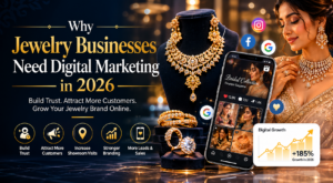 Luxury digital marketing banner for jewelry businesses featuring an elegant bride wearing gold jewelry, premium necklace and jewelry display, Instagram-themed smartphone showcasing bridal collections, Google reviews panel, growth analytics chart, and digital marketing icons. The banner highlights how jewelry brands can build trust, attract high-value customers, increase showroom visits, and grow their business online in 2026 through SEO, social media, Google Ads, and content marketing. Powered by Kolkata Digital.