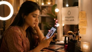 Young Indian makeup artist sitting in a beauty studio looking at Instagram likes on her phone but receiving no client enquiries