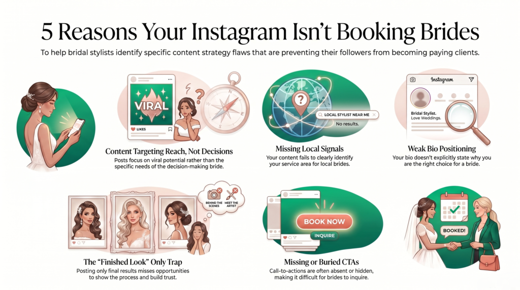Infographic showing 5 reasons why makeup artists in India get Instagram likes but no bookings, including missing CTAs, weak bio positioning, and no local signals