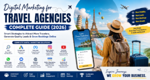 Digital Marketing for Travel Agencies in 2026 featuring SEO, Google Ads, Meta Ads, social media marketing, WhatsApp marketing, and website design strategies to generate more travel leads and bookings.