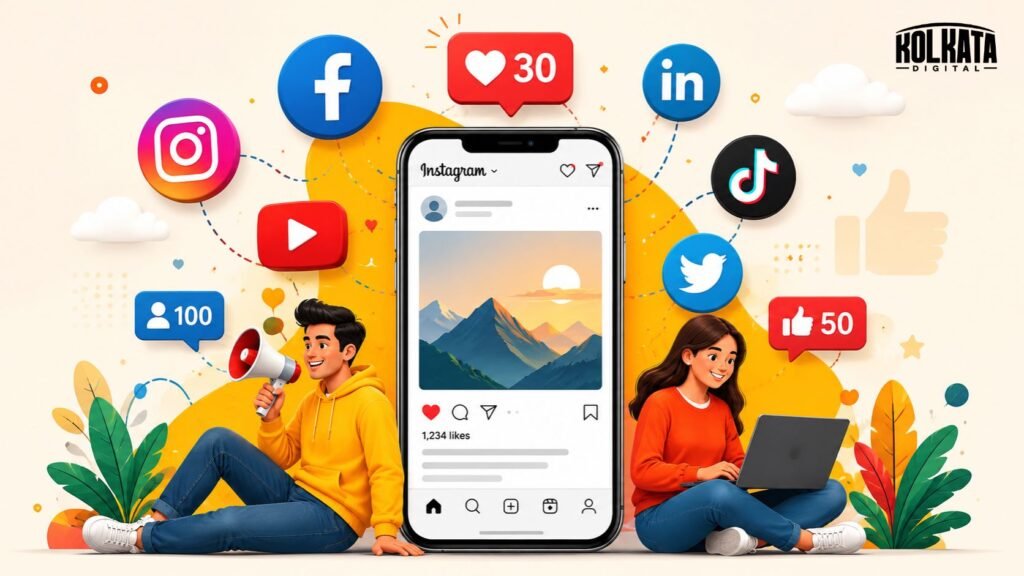Illustration of digital marketing through social media platforms including Instagram, Facebook, YouTube, LinkedIn, TikTok, and Twitter, with engagement metrics like likes and followers
