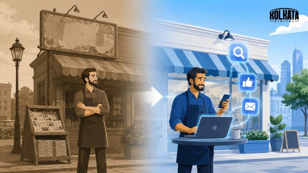 Illustration comparing digital marketing and traditional marketing channels for small businesses