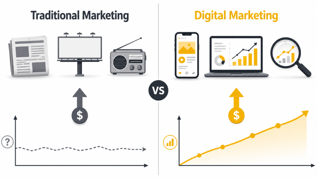 Infographic comparing digital marketing and traditional marketing cost structure and ROI tracking