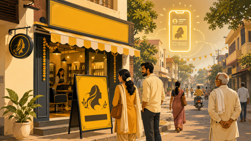 Local business storefront signage representing hyperlocal traditional marketing alongside digital presence
