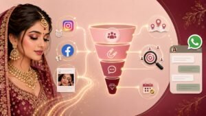 This image illustrates a digital marketing funnel for a bridal makeup artist, showing how potential brides can be attracted, engaged, and converted into clients.