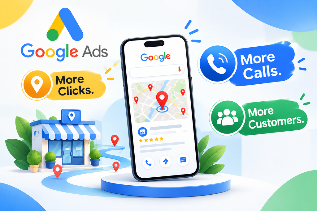 Google Ads and local search marketing illustration showing more clicks, phone calls, and customers for business growth.